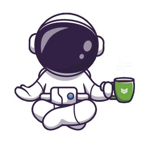 space-man hovering, holding a mug of hot coffee